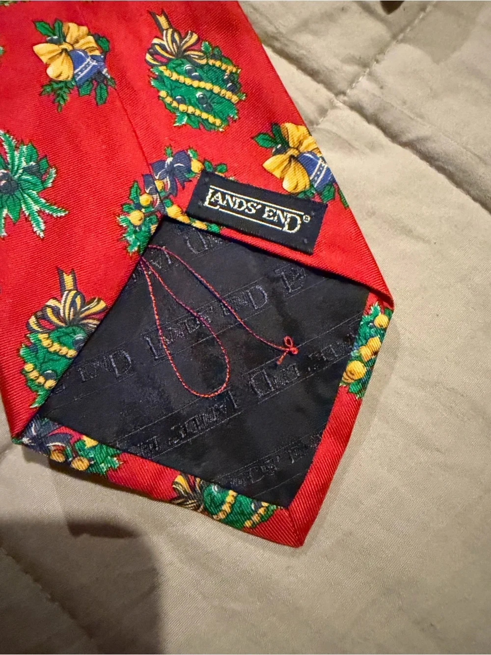 Lands' End Red Silk Tie with Green and Yellow Holiday Motifs
